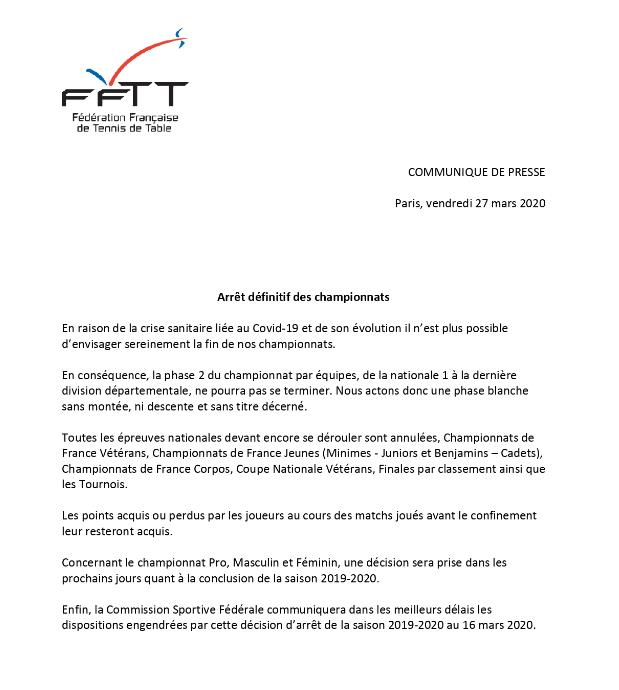 FFTT - Coronavirus - Communiqué de presse