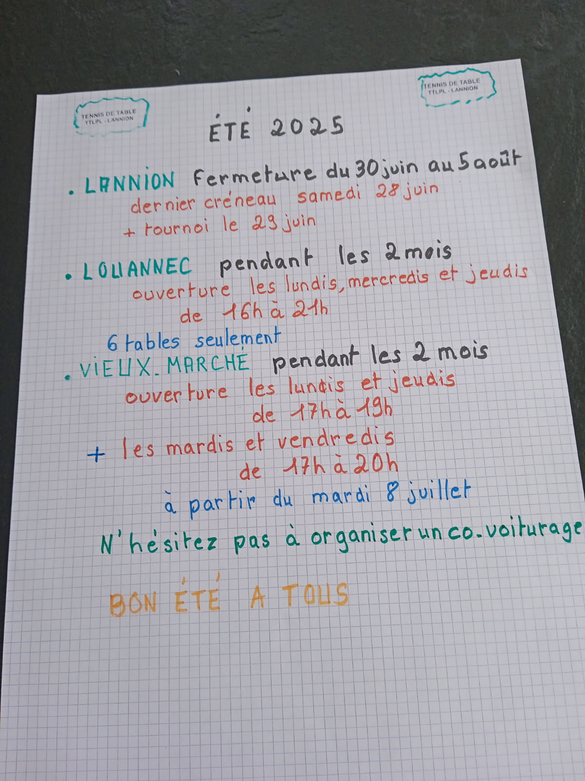 TTLPL - Informations pour les vacances d'été