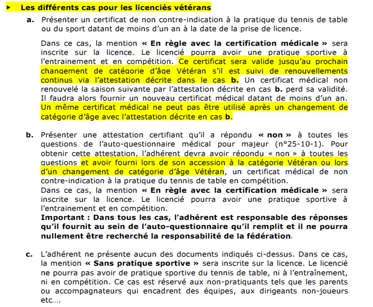 Réglement du certificat médical pour les licenciés 'Vétérans'